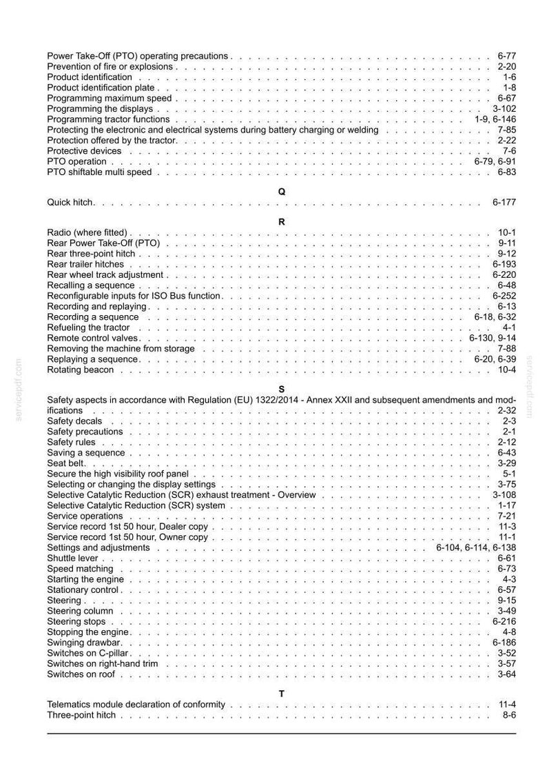 K&ouml;nnte beinhalten: Eine wei&szlig;e Seite aus einem technischen Handbuch-Index mit schwarzem Text, der alphabetisch von Power Take-Off bis Three-point hitch geordnet ist. Die Liste enth&auml;lt Themen wie Sicherheitsregeln, Lenkung und Traktorfunktionen mit Seitenzahlen.