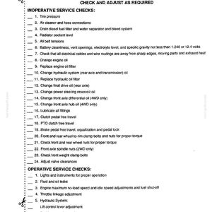 May include: A black and white printed document titled FIRST 50-HOUR SERVICE, CHECK AND ADJUST AS REQUIRED. It lists 24 inoperative service checks including tire pressure, oil changes, and filter replacements, followed by 5 operative service checks.