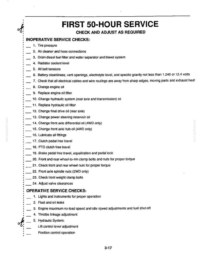 May include: A black and white printed document titled FIRST 50-HOUR SERVICE, CHECK AND ADJUST AS REQUIRED. It lists 24 inoperative service checks including tire pressure, oil changes, and filter replacements, followed by 5 operative service checks.