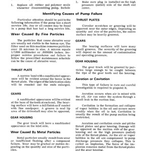 May include: A technical document detailing pump failure causes, including wear from fine particles, metal particles, and issues like aeration and cavitation. The text also covers seals, gaskets, and thrust plates.