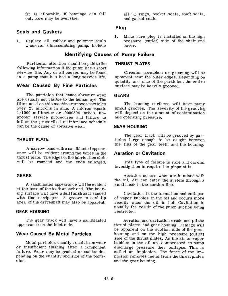 May include: A technical document detailing pump failure causes, including wear from fine particles, metal particles, and issues like aeration and cavitation. The text also covers seals, gaskets, and thrust plates.