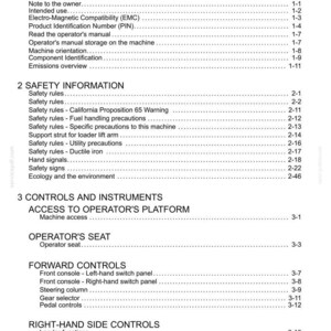 May include: A detailed table of contents from a manual, listing sections on general information, safety, and controls. The document includes topics like safety rules, operator's seat, and forward controls, with page numbers for each section.
