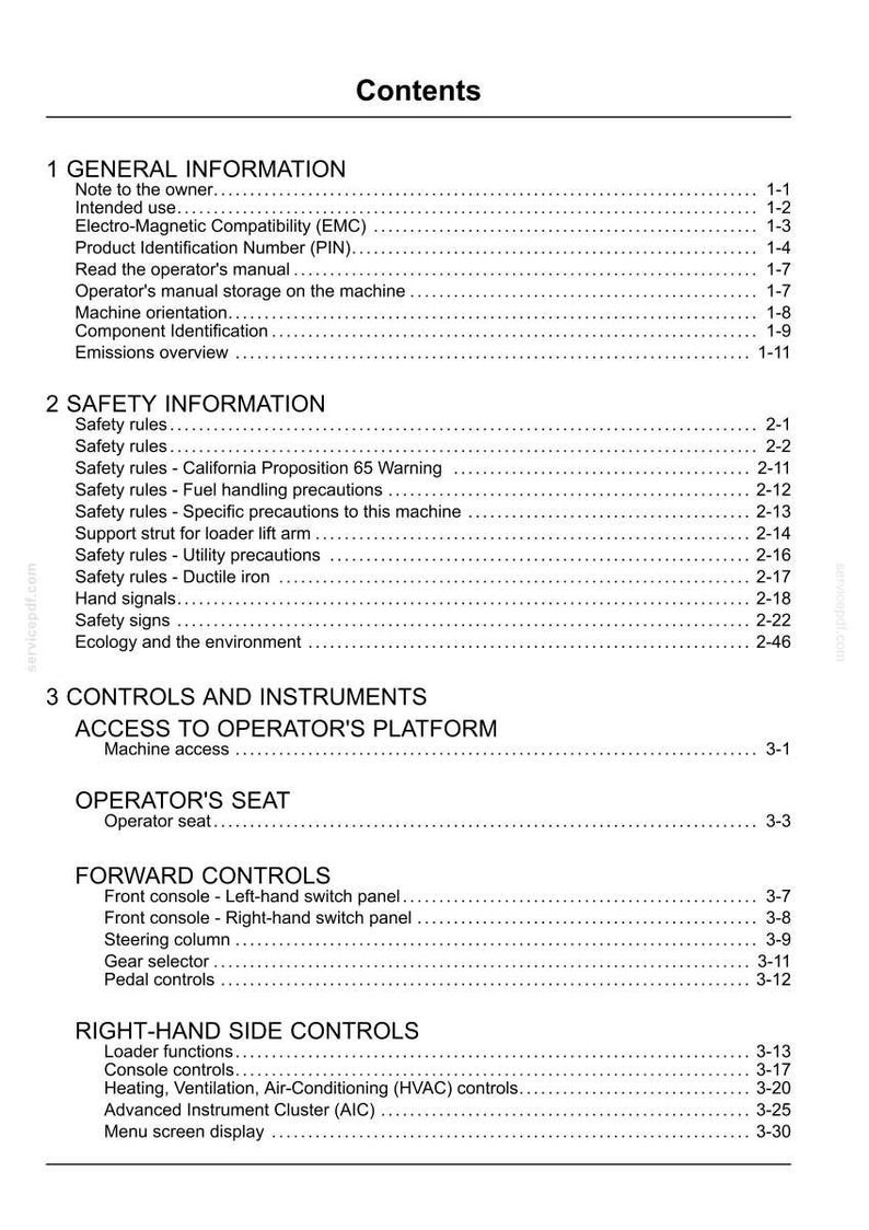 May include: A detailed table of contents from a manual, listing sections on general information, safety, and controls. The document includes topics like safety rules, operator's seat, and forward controls, with page numbers for each section.