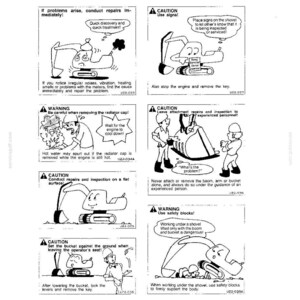 May include: A technical manual page titled During Inspection and Maintenance featuring eight black and white line art illustrations with safety instructions for heavy machinery, including warnings about radiator caps, engine cooling, and shovel safety.