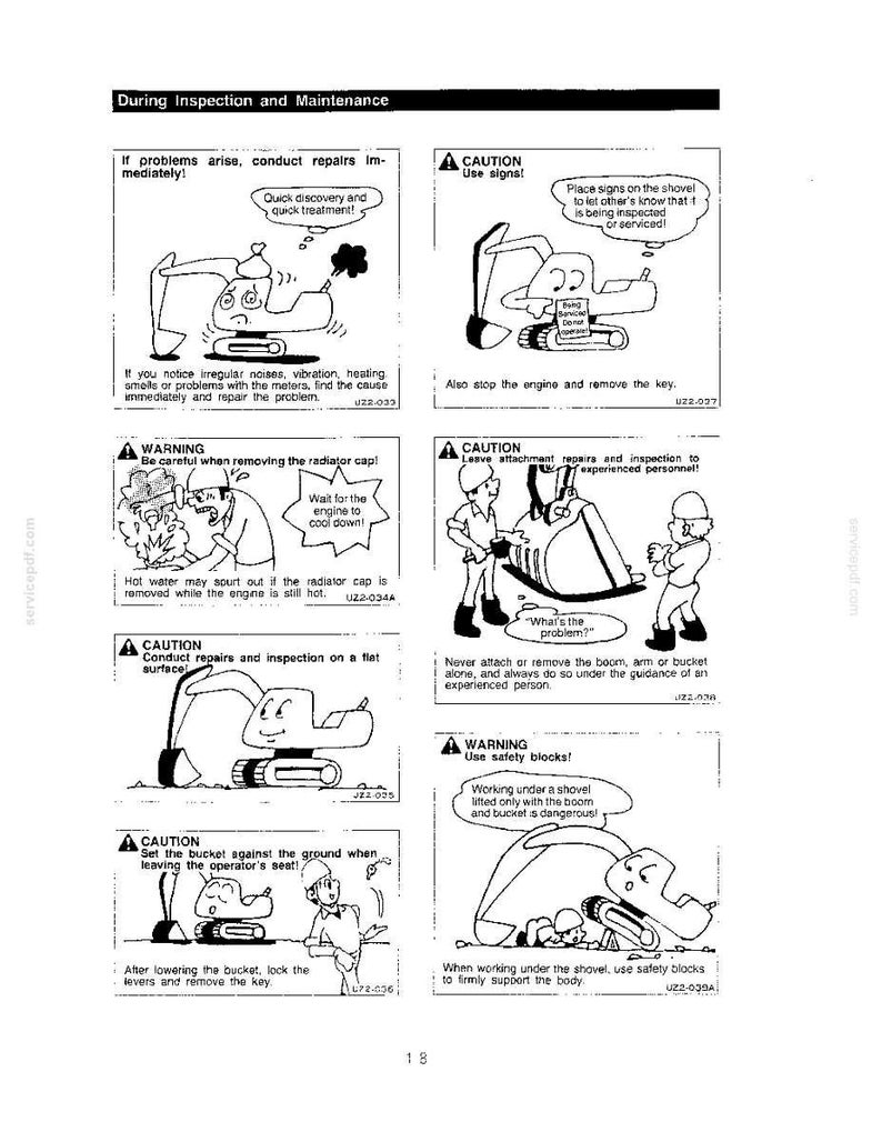 May include: A technical manual page titled During Inspection and Maintenance featuring eight black and white line art illustrations with safety instructions for heavy machinery, including warnings about radiator caps, engine cooling, and shovel safety.