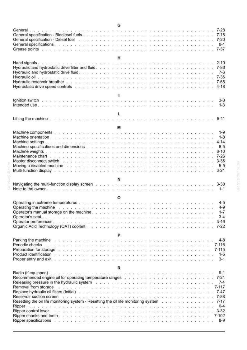 Puede incluir: Un detallado &iacute;ndice de un manual, con varias secciones y n&uacute;meros de p&aacute;gina. El texto es negro sobre fondo blanco, organizado alfab&eacute;ticamente, cubriendo temas como componentes de la m&aacute;quina y mantenimiento.
