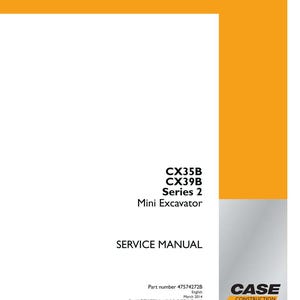 May include: A white and orange service manual for a mini excavator. The text on the cover reads "CX35B CX39B Series 2 Mini Excavator SERVICE MANUAL". The Case Construction logo is in the bottom right corner.
