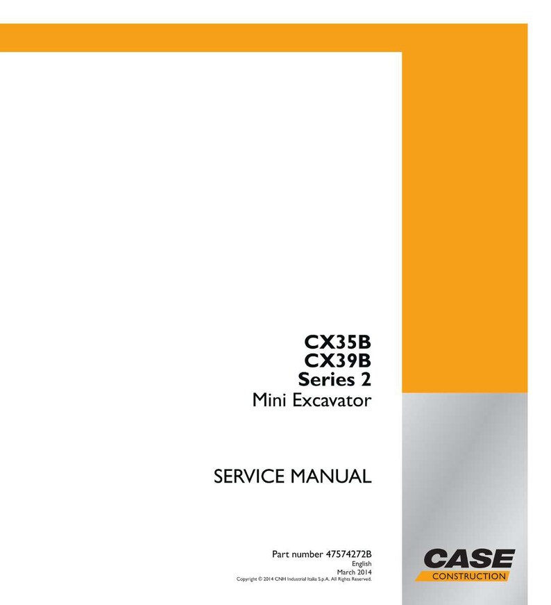 May include: A white and orange service manual for a mini excavator. The text on the cover reads "CX35B CX39B Series 2 Mini Excavator SERVICE MANUAL". The Case Construction logo is in the bottom right corner.