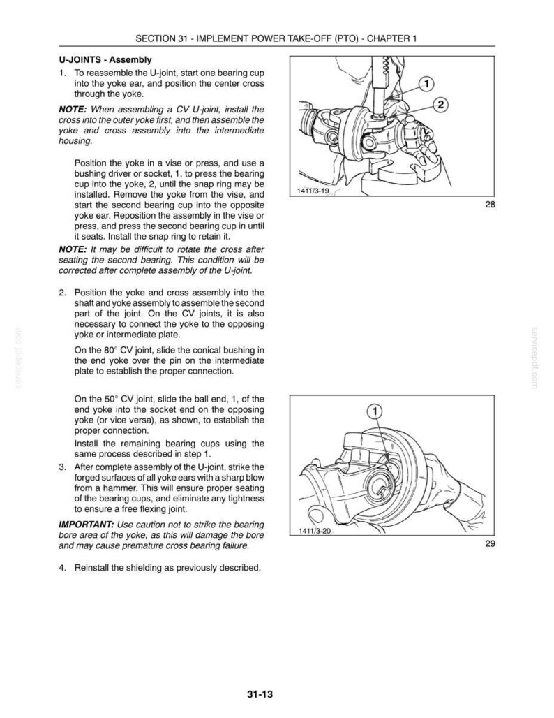 May include: A technical manual page titled Section 31 - Implement Power Take-Off (PTO) - Chapter 1, detailing U-joint assembly instructions. It includes two black and white line drawings labeled 1411/3-19 and 1411/3-20, showing mechanical parts.