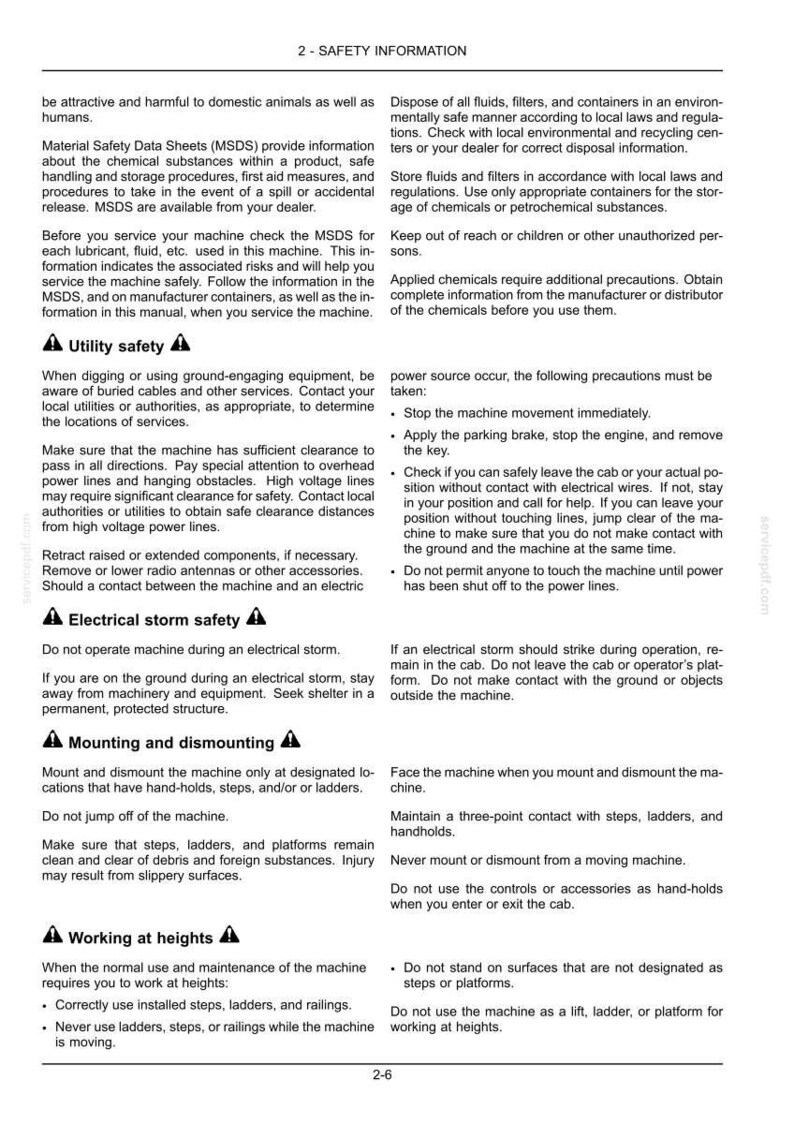 May include: A page from a safety manual with the title "2 - SAFETY INFORMATION." The text provides safety guidelines for machinery operation, including utility, electrical storm, mounting, and working at heights. It includes warnings and precautions.
