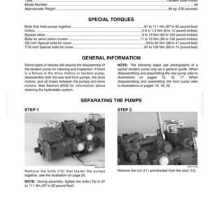 May include: Technical manual page with specifications for a Sauer Sundstrand tandem axial piston pump. Includes torque specifications, general information, and diagrams for separating the pumps. The approximate weight is 130 pounds.