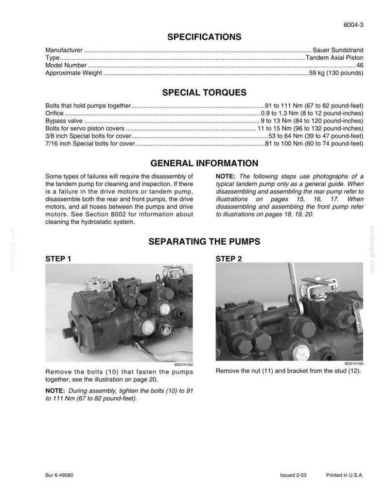 May include: Technical manual page with specifications for a Sauer Sundstrand tandem axial piston pump. Includes torque specifications, general information, and diagrams for separating the pumps. The approximate weight is 130 pounds.