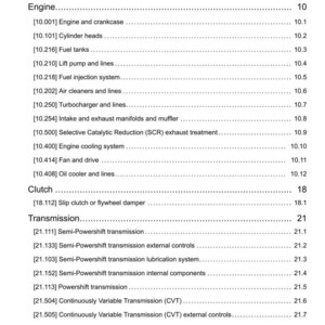 May include: A page from a manual titled "Contents" with a list of engine, clutch, and transmission components. The text is black on a white background. The document includes sections on fuel tanks, air cleaners, and continuously variable transmission.