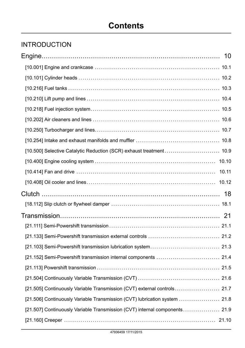 May include: A page from a manual titled "Contents" with a list of engine, clutch, and transmission components. The text is black on a white background. The document includes sections on fuel tanks, air cleaners, and continuously variable transmission.
