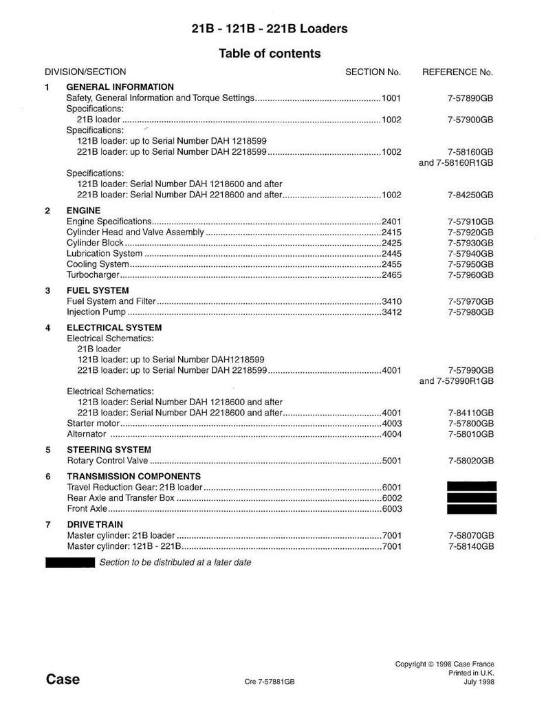 May include: A white document titled "21B - 121B - 221B Loaders Table of Contents" with a list of sections and reference numbers. The document is dated July 1998 and includes Case branding.