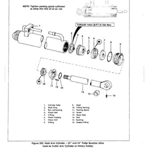 May include: Diagram of a disassembled grab arm cylinder, with labels for each part. The diagram includes a cylinder tube, wear ring, nut, piston half, O-ring, piston packing, rod, and other components. Text at the top reads "Disassembly and Repair."
