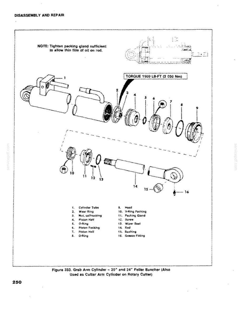 May include: Diagram of a disassembled grab arm cylinder, with labels for each part. The diagram includes a cylinder tube, wear ring, nut, piston half, O-ring, piston packing, rod, and other components. Text at the top reads "Disassembly and Repair."