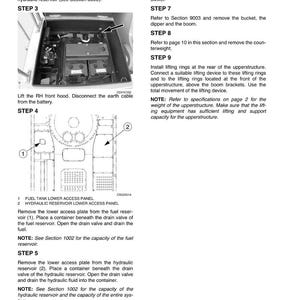 May include: A detailed diagram with instructions for machinery maintenance. The image includes text, diagrams, and labels for various components, such as the fuel tank, hydraulic reservoir, and lifting rings. The text provides step-by-step guidance for maintenance procedures.