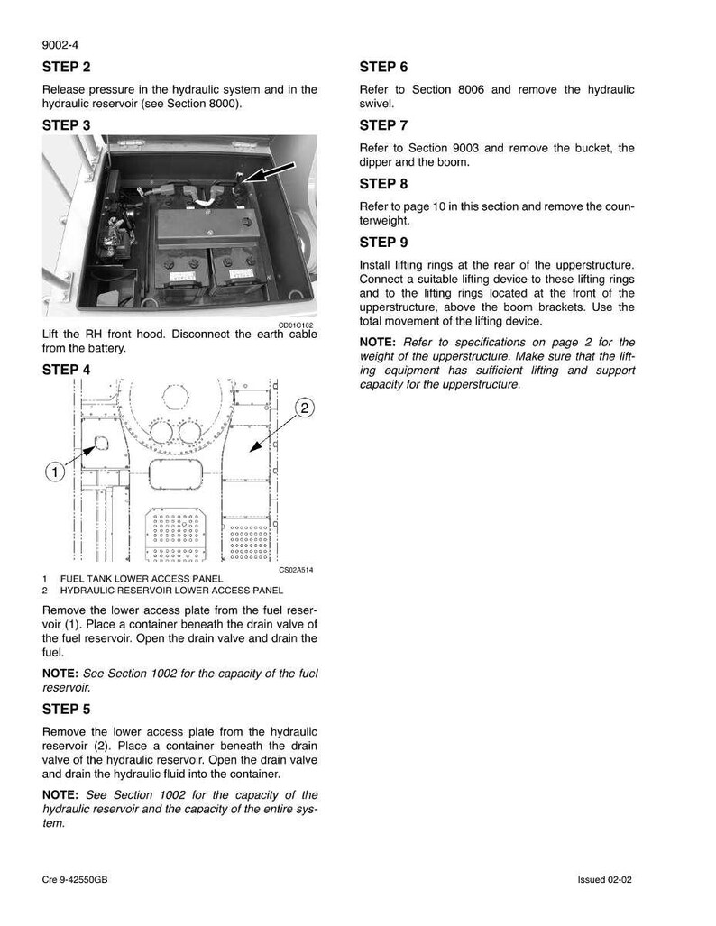May include: A detailed diagram with instructions for machinery maintenance. The image includes text, diagrams, and labels for various components, such as the fuel tank, hydraulic reservoir, and lifting rings. The text provides step-by-step guidance for maintenance procedures.