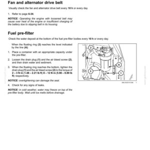 May include: Page from a maintenance manual detailing radiator and cooler checks, fan and alternator belt inspection, and fuel pre-filter maintenance. Includes a diagram of the fuel pre-filter with numbered components and torque specifications in foot-pounds.