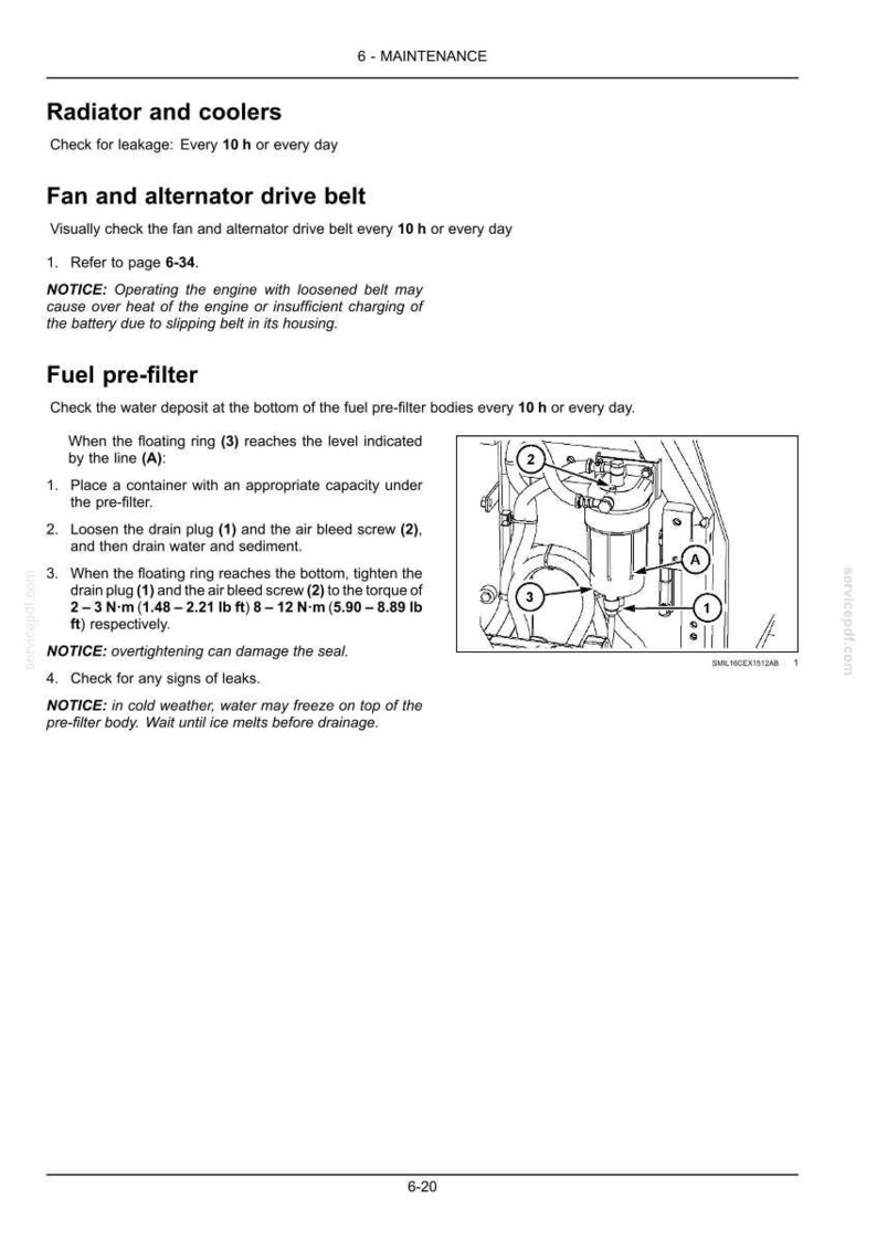 May include: Page from a maintenance manual detailing radiator and cooler checks, fan and alternator belt inspection, and fuel pre-filter maintenance. Includes a diagram of the fuel pre-filter with numbered components and torque specifications in foot-pounds.
