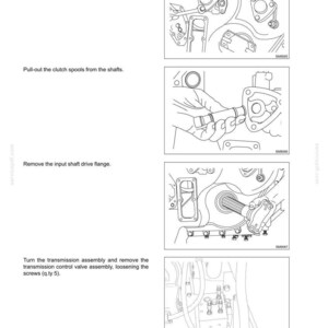May include: Diagrams from a manual showing steps for transmission maintenance. The illustrations are black and white line drawings. Text includes instructions for removing clutch spools, the input shaft drive flange, and the transmission control valve assembly.