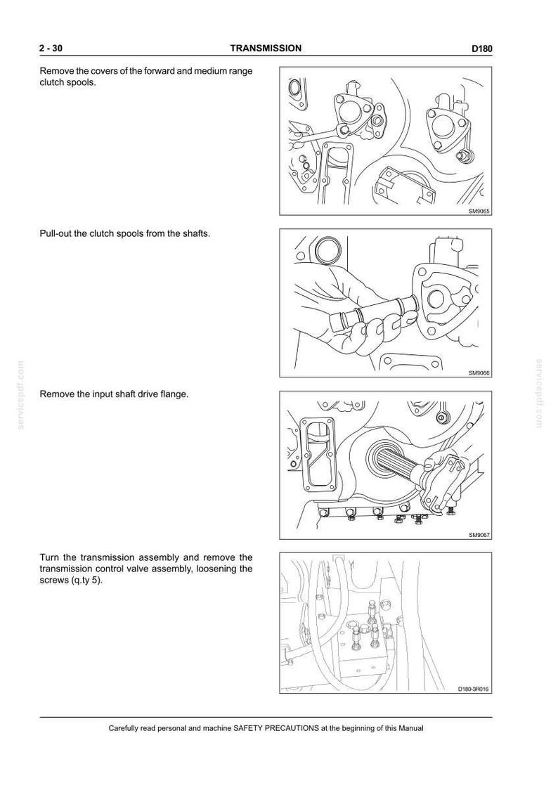 May include: Diagrams from a manual showing steps for transmission maintenance. The illustrations are black and white line drawings. Text includes instructions for removing clutch spools, the input shaft drive flange, and the transmission control valve assembly.