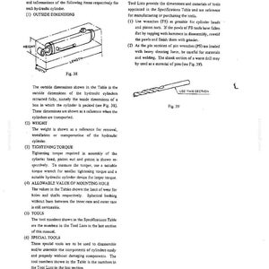 May include: A technical manual page featuring Fig. 38, a line drawing of a hydraulic cylinder inside a rectangular box labeled with height, width, and length, and Fig. 39, a line drawing of a drill bit with an arrow pointing to the shank section.