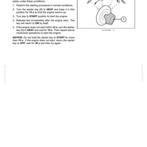 May include: A technical document page titled 4 - OPERATING INSTRUCTIONS detailing the procedure for starting an engine in cold conditions. It includes a diagram of a starter key with positions labeled HEAT, OFF, ON, and START, marked with the number 1.