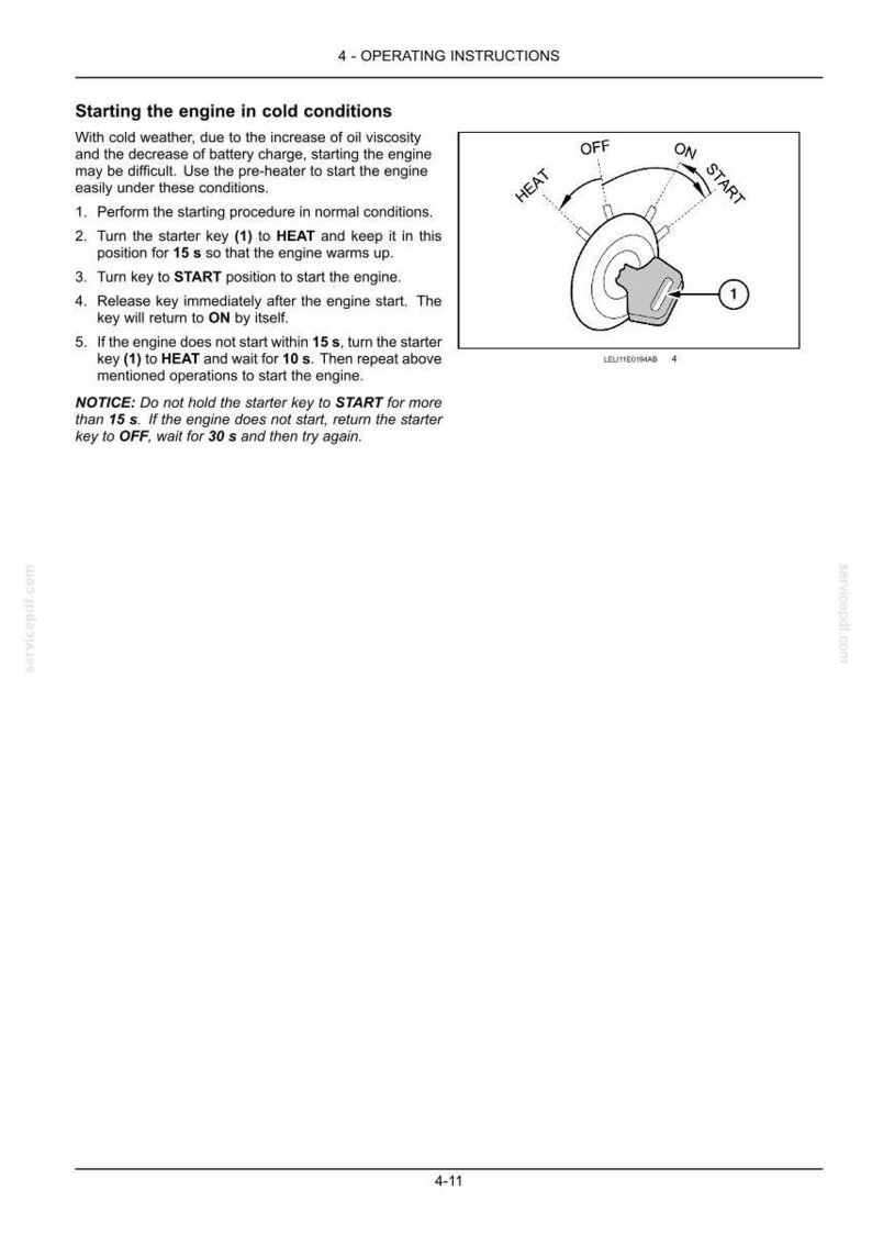 May include: A technical document page titled 4 - OPERATING INSTRUCTIONS detailing the procedure for starting an engine in cold conditions. It includes a diagram of a starter key with positions labeled HEAT, OFF, ON, and START, marked with the number 1.