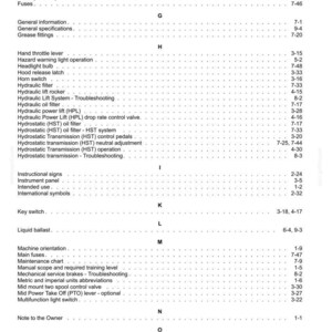 May include: A page from a technical manual index featuring alphabetical headings from G to P. The text lists various mechanical components and systems such as hydraulic filters, hydrostatic transmission, and maintenance charts with corresponding page numbers.
