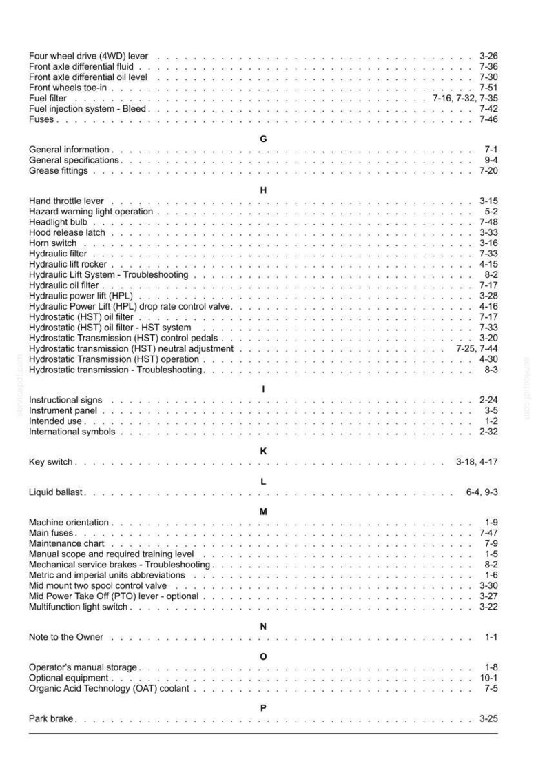 May include: A page from a technical manual index featuring alphabetical headings from G to P. The text lists various mechanical components and systems such as hydraulic filters, hydrostatic transmission, and maintenance charts with corresponding page numbers.