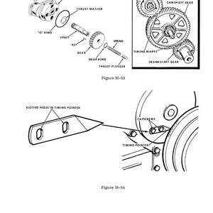 Peut inclure: Diagramme en noir et blanc illustrant l'assemblage et l'installation de composants m&eacute;caniques. L'image comprend des vues &eacute;clat&eacute;es de pi&egrave;ces telles que des engrenages, des arbres et un bo&icirc;tier, avec des &eacute;tiquettes telles que "O" ring, "gear" et "timing marks". Figures M-53 et M-54 &eacute;galement.