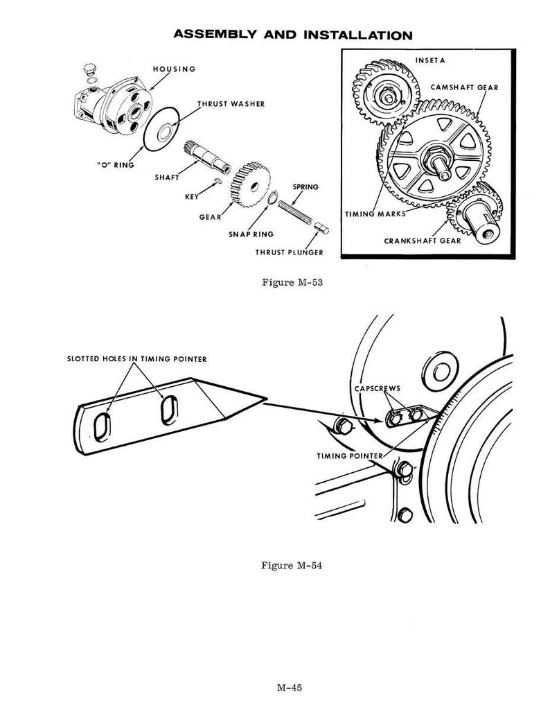 Peut inclure: Diagramme en noir et blanc illustrant l'assemblage et l'installation de composants m&eacute;caniques. L'image comprend des vues &eacute;clat&eacute;es de pi&egrave;ces telles que des engrenages, des arbres et un bo&icirc;tier, avec des &eacute;tiquettes telles que "O" ring, "gear" et "timing marks". Figures M-53 et M-54 &eacute;galement.