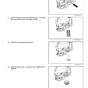 May include: Diagram illustrating maintenance steps for a supply module. Includes images of components like a filter element, O-rings, and filter cover. Instructions involve cleaning, oiling, and installing parts, with torque specifications in lb ft.