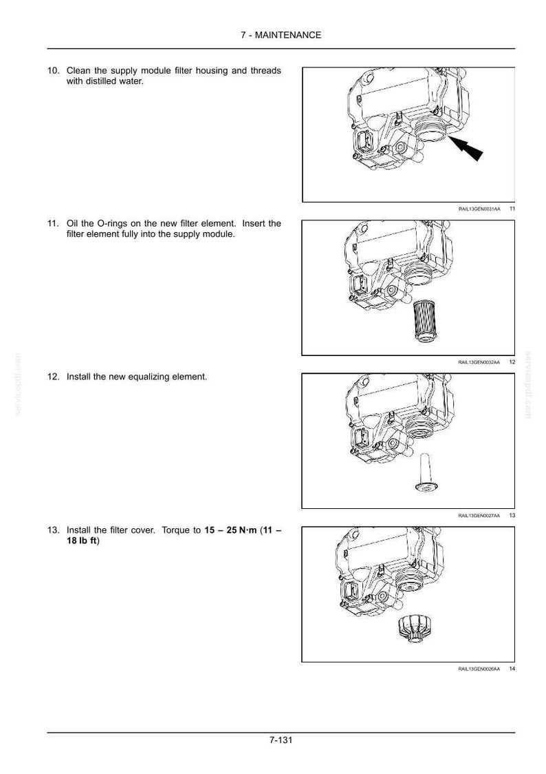 May include: Diagram illustrating maintenance steps for a supply module. Includes images of components like a filter element, O-rings, and filter cover. Instructions involve cleaning, oiling, and installing parts, with torque specifications in lb ft.