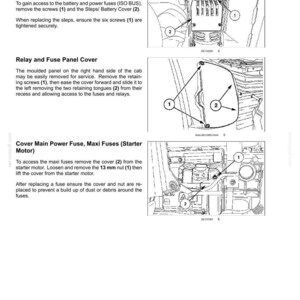 K&ouml;nnte beinhalten: Eine Seite aus einem technischen Handbuch mit der &Uuml;berschrift 7-MAINTENANCE, die drei schwarz-wei&szlig;e Strichzeichnungen enth&auml;lt. Die Diagramme zeigen den Ausbau der rechten Stufen-Batterieabdeckung, der Relais- und Sicherungstafel sowie der Hauptsicherungsabdeckung.