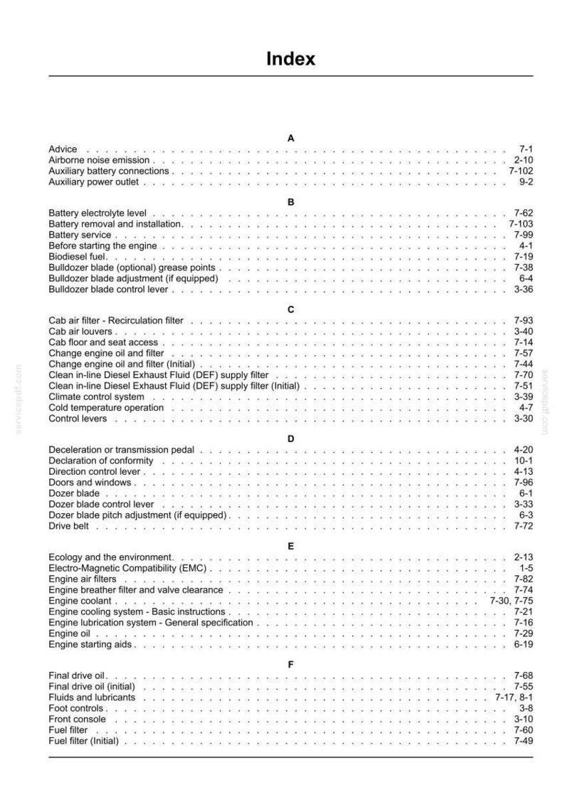 May include: Index page from a manual, with a list of topics and page numbers. Topics include engine components, filters, and operational procedures. The text is in black on a white background.