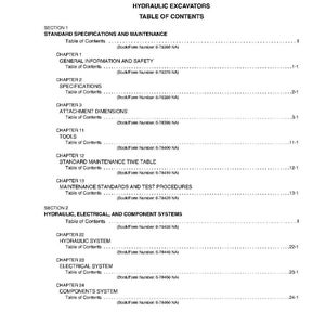 May include: Shop manual for EH30.B and EH35.B hydraulic excavators. The white document features a table of contents with sections on specifications, maintenance, and hydraulic systems. The text is in black.