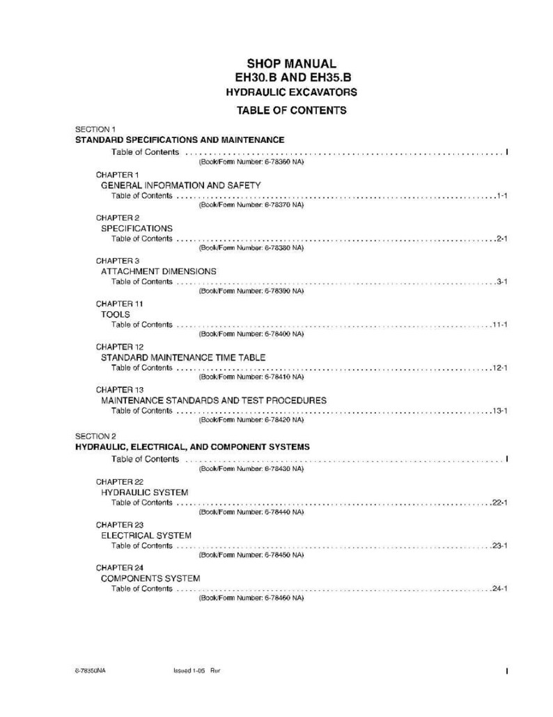 May include: Shop manual for EH30.B and EH35.B hydraulic excavators. The white document features a table of contents with sections on specifications, maintenance, and hydraulic systems. The text is in black.