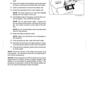 Może przedstawiać: Strona z instrukcji technicznej zatytułowana 7-MAINTENANCE zawierająca wytyczne dotyczące konserwacji akumulatora. Zawiera czarno-biały rysunek liniowy akumulatora z czarną strzałką wskazującą zacisk oraz tekst określający poziom elektrolitu 4,8 mm.