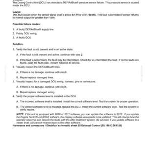 May include: A document detailing fault codes for electrical systems, specifically the 19046 reagent pressure sensor open circuit. The text provides context, cause, possible failure modes, and a solution for troubleshooting the issue.
