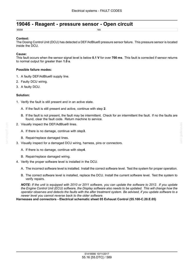 May include: A document detailing fault codes for electrical systems, specifically the 19046 reagent pressure sensor open circuit. The text provides context, cause, possible failure modes, and a solution for troubleshooting the issue.