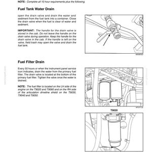 May include: A technical manual page titled 50 HOUR MAINTENANCE, detailing procedures for Fuel Tank Water Drain and Fuel Filter Drain. It includes black and white line drawings of mechanical valves, fuel filters, and hoses for T9020, T9030, T9040, and T9050 models.