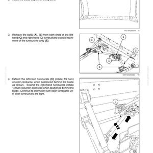 May include: Diagram of a bulldozer blade with instructions for push beam centering. The image includes detailed illustrations of bolts, turnbuckles, and the blade itself, with labels A, B, C, D, and E. Text explains the steps for adjustment.