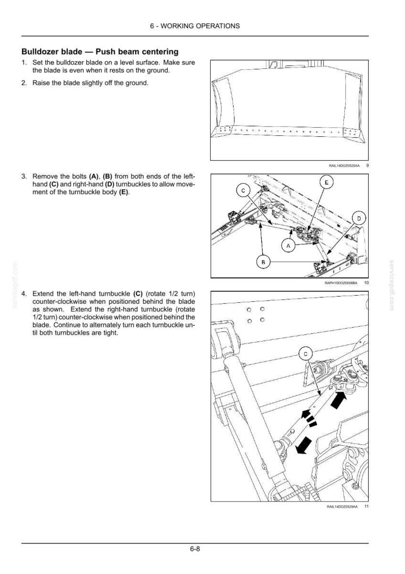 May include: Diagram of a bulldozer blade with instructions for push beam centering. The image includes detailed illustrations of bolts, turnbuckles, and the blade itself, with labels A, B, C, D, and E. Text explains the steps for adjustment.
