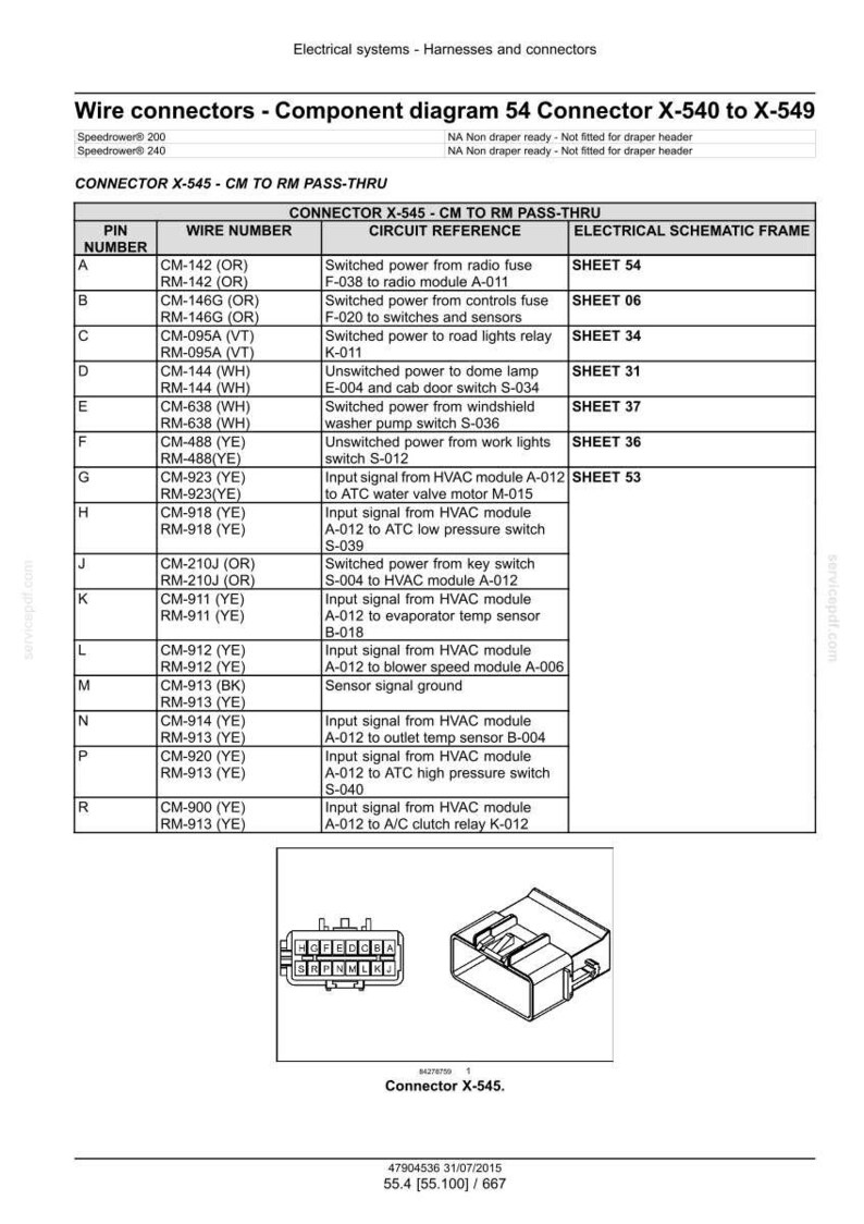 Puede incluir: Diagrama de conectores de cableado para sistemas el&eacute;ctricos, incluyendo un diagrama de componentes para el conector X-545. El diagrama incluye n&uacute;meros de pin, n&uacute;meros de cable, referencias de circuito e informaci&oacute;n del marco esquem&aacute;tico el&eacute;ctrico.