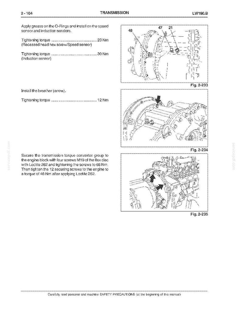 Pu&ograve; includere: Diagramma tecnico da un manuale, che illustra i componenti della trasmissione e le specifiche di coppia. Include illustrazioni di parti con frecce che indicano i punti di assemblaggio e le istruzioni di serraggio. Il testo include "TRANSMISSION" e "LW190.8".