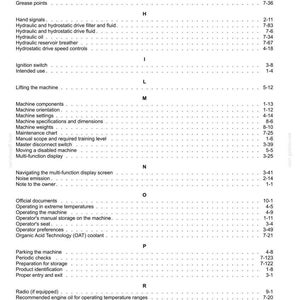 May include: A detailed table of contents from a manual, featuring various sections such as "General Specifications," "Machine Components," and "Operating the Machine." The text is in black font on a white background.