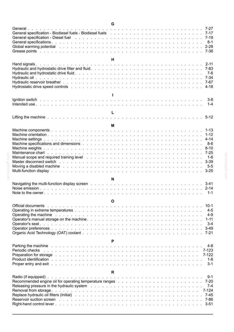 May include: A detailed table of contents from a manual, featuring various sections such as "General Specifications," "Machine Components," and "Operating the Machine." The text is in black font on a white background.
